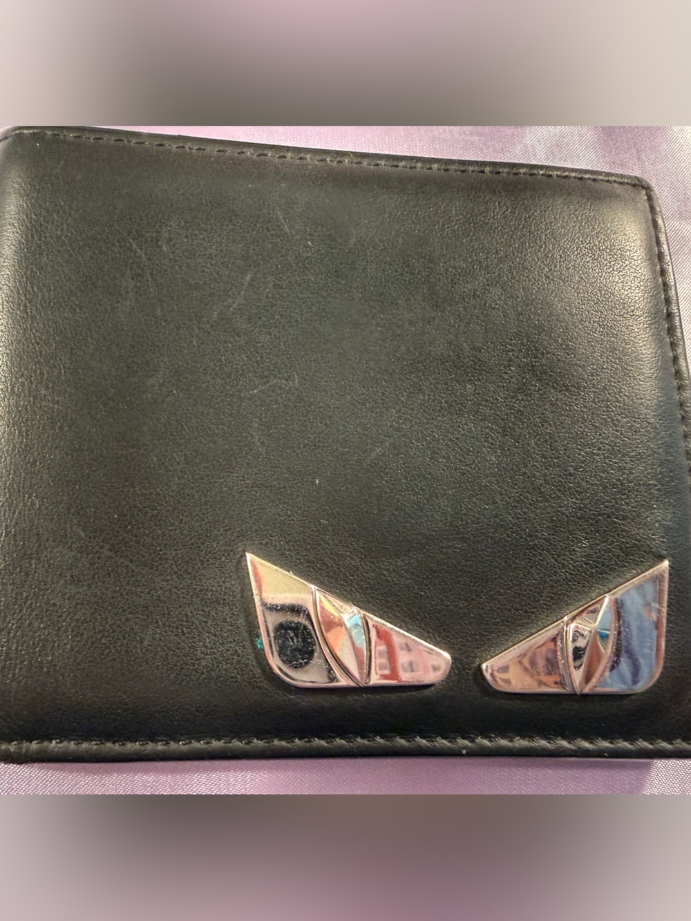 Fendi Monster Black Leather Wallet with Silver Eye-Detail Hardware